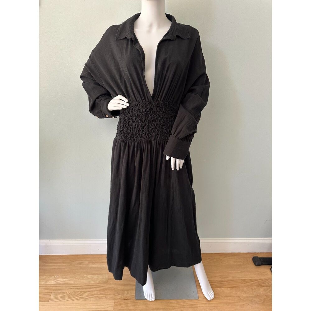 Free People Monika Shirt Dress Women’s Size L Black Long Sleeve Smocked Boho